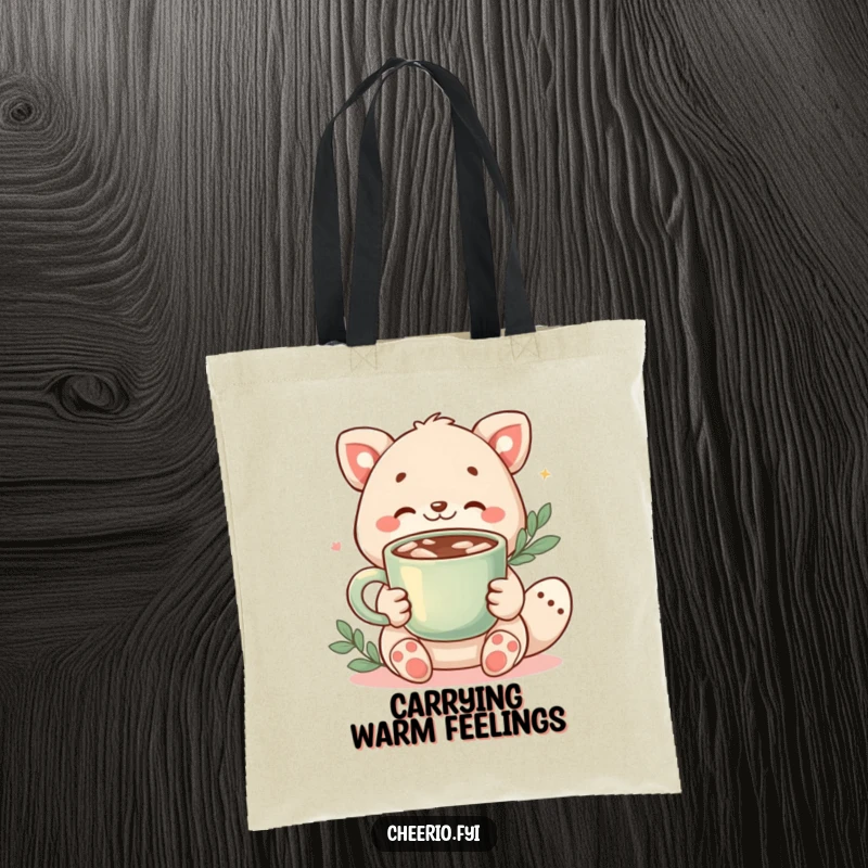 Funny tote bag illustrating a cute animal character holding out a warm cup of cocoa, ready to share a cozy moment.