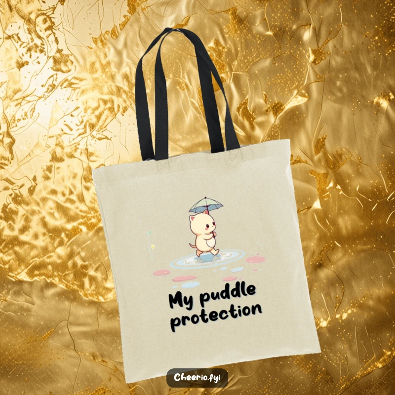 Funny creature using a tiny umbrella to cross a puddle, featured on a durable and humorous tote bag.