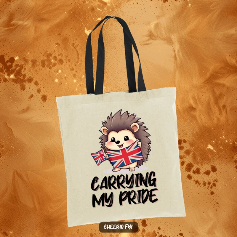 Funny happy hedgehog tote bag proudly carrying a Union Jack flag, a charming and patriotic accessory for daily use.
