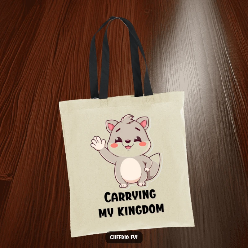 Funny tote bag designed with a charming animal character giving a jaunty wave, a confident smirk on its face, ideal for everyday use.