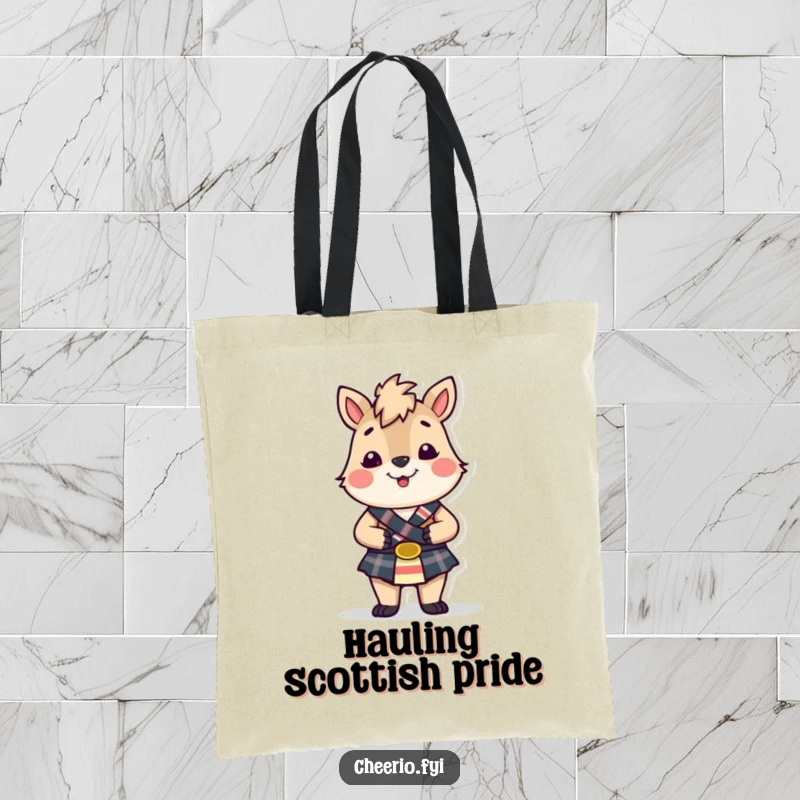Funny British animal wearing a small kilt, looking cheerful, on a durable tote bag, showcasing Scottish humor.
