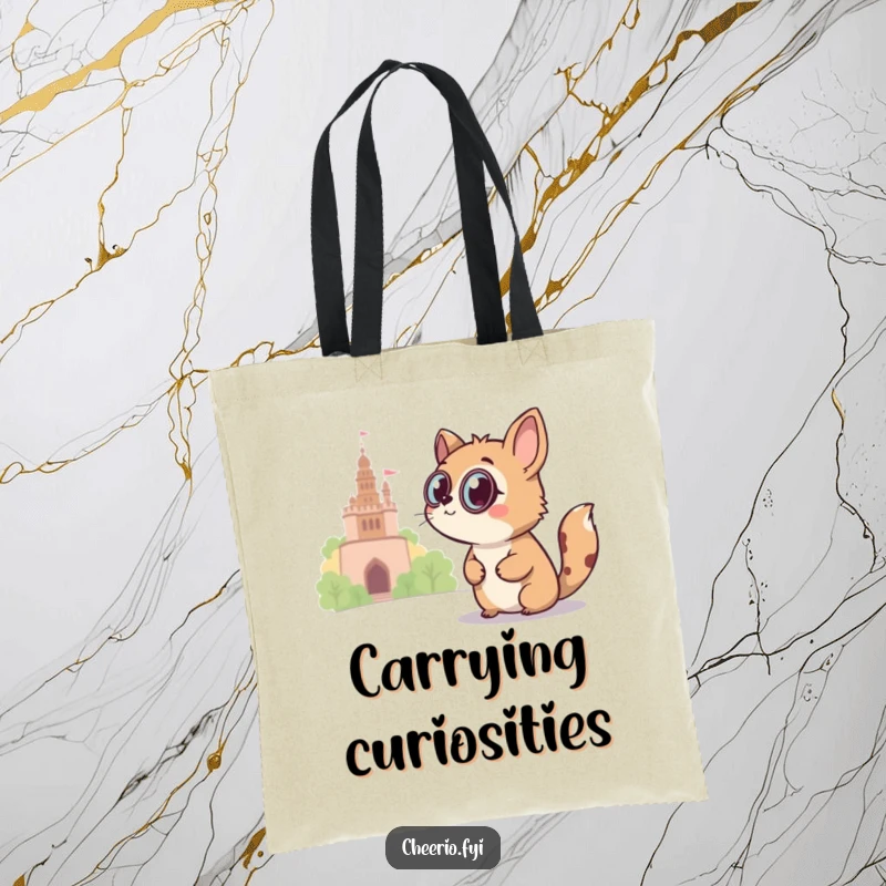 Funny curious animal with a monocle peers at a distant landmark on a reusable tote bag, witty accessory.