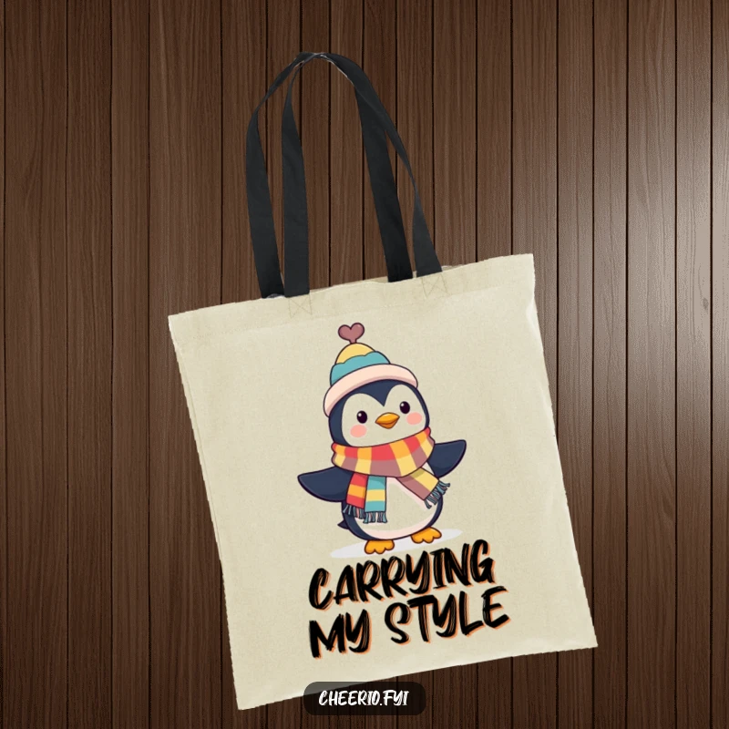 Funny Penguin Tote Bag: A penguin in a top hat waves a colorful scarf, ideal for carrying items with flair. A charming funny gift.
