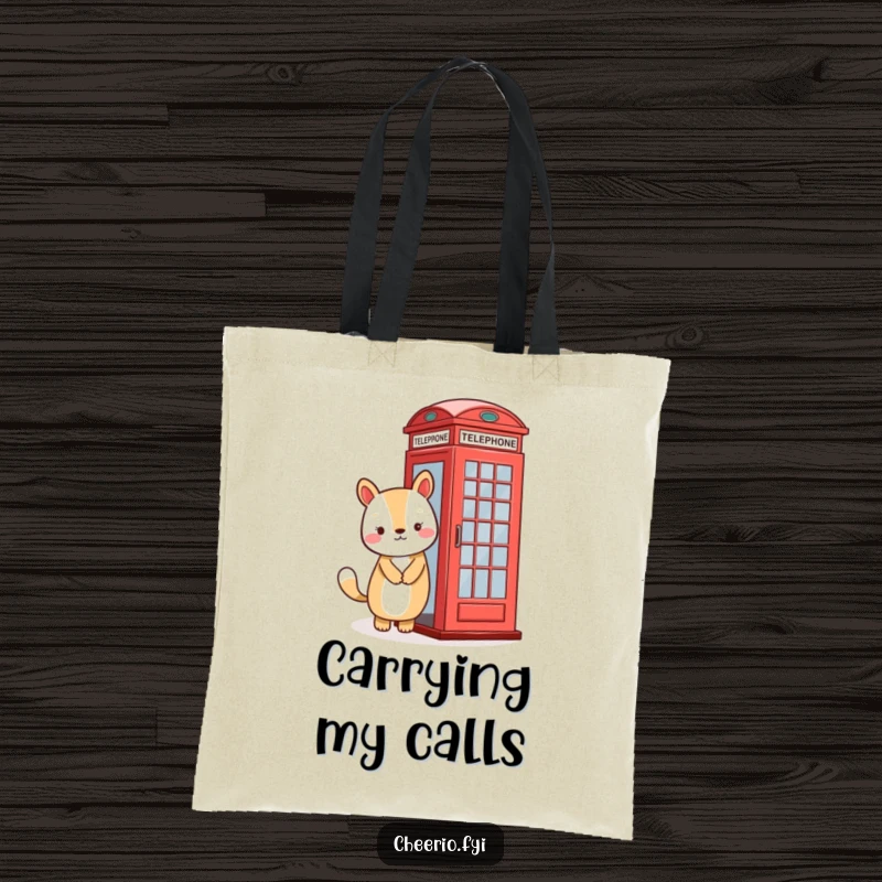 Funny tote bag showcasing a smiling animal companion standing beside a bright red, eye-catching telephone booth.