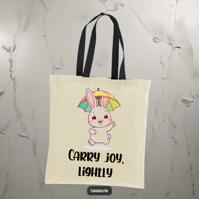 Funny tote bag showing a happy rabbit character gleefully hopping with a small umbrella, perfect for carrying essentials.