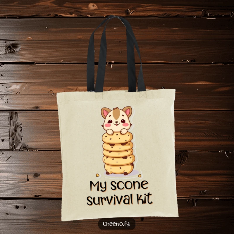 Funny tote bag with a playful animal character balancing a stack of scones, perfect for carrying treats.