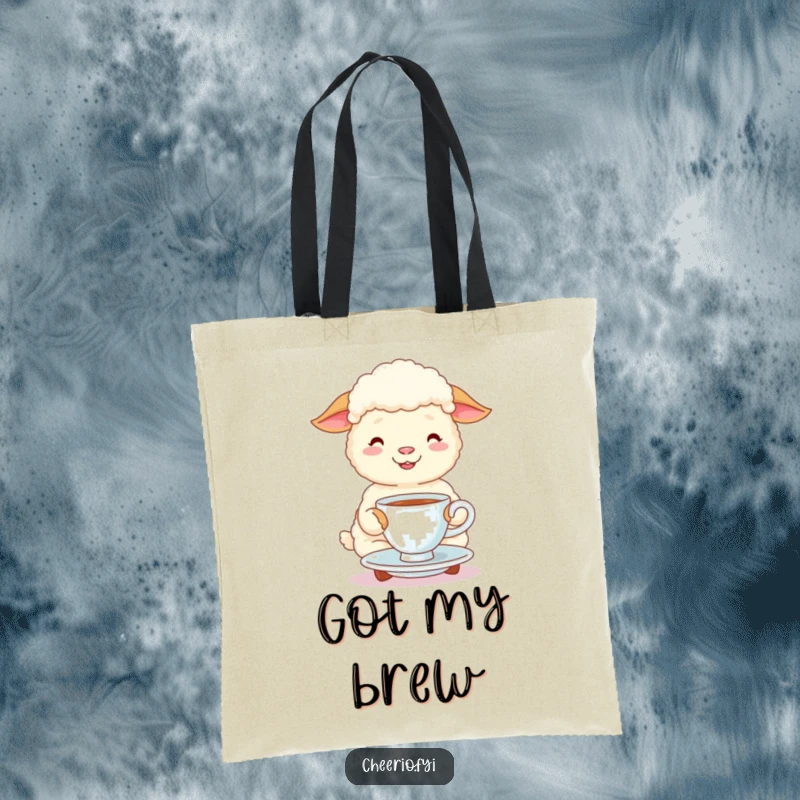 Funny happy sheep sips tea and saucer on a reusable tote bag, a cute and humorous accessory.