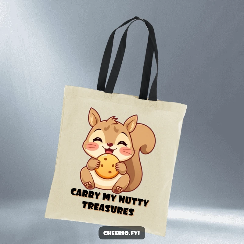 Funny delighted squirrel tote bag holding a round biscuit, a charming and practical accessory for snack lovers.