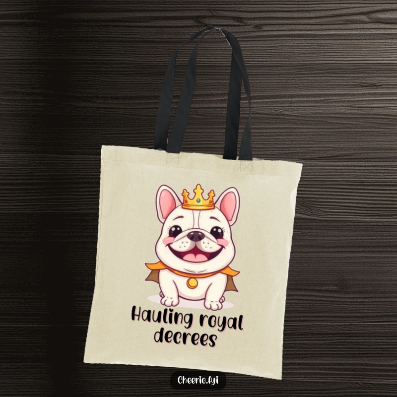 Funny cheerful bulldog wearing a tiny crown and regal cape smiling, a durable tote bag.
