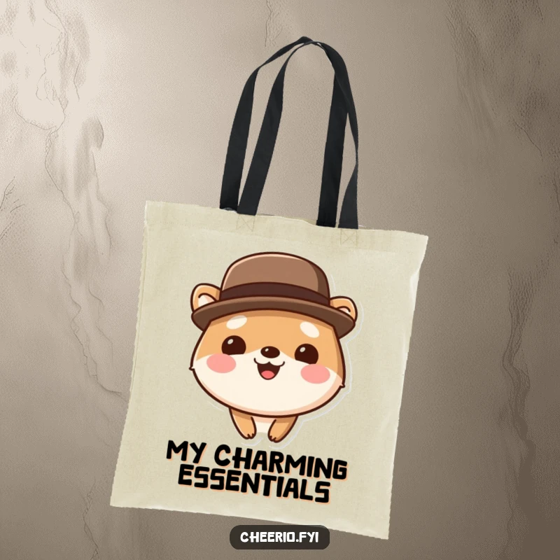 Funny cute animal tote bag wearing a bowler hat, smiling broadly, perfect for carrying essentials with dapper flair.