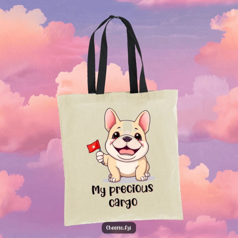 Funny Bulldog Tote Bag: A proud bulldog with a grin holds a miniature flag, perfect for carrying items.