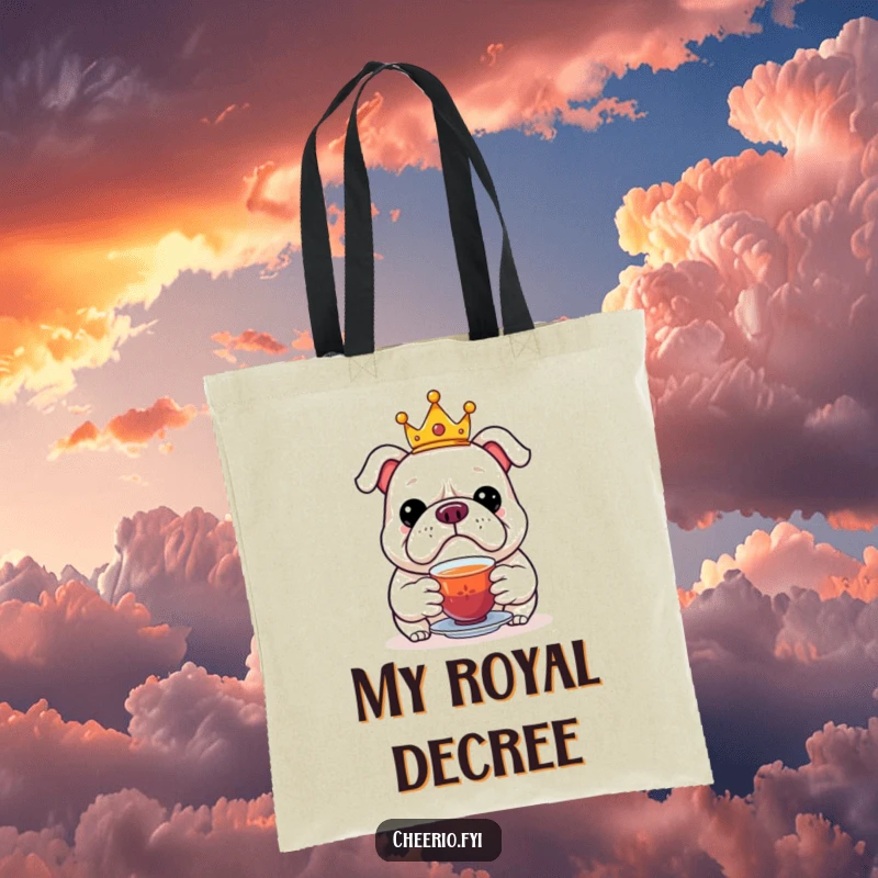 Funny tote bag featuring a jolly bulldog wearing a tiny crown, offering a cup of tea with elegance.