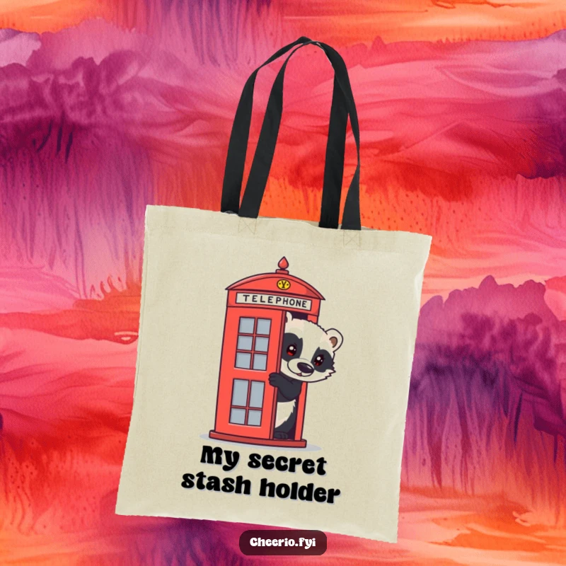 Funny badger tote bag showcasing a curious creature peeking from a red telephone box, perfect for carrying daily essentials humorously.
