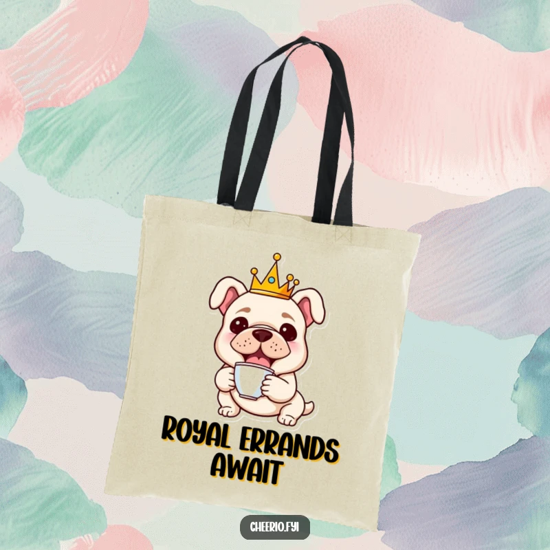 Funny tote bag featuring a cheerful bulldog wearing a small crown, holding a miniature teacup, perfect for stylish errands.