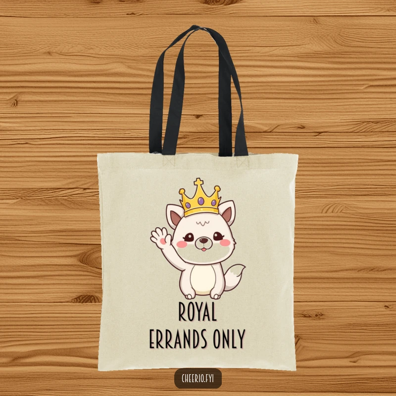 Funny tote bag featuring an animal wearing a crown and giving a regal wave, perfect for carrying items with royal flair.